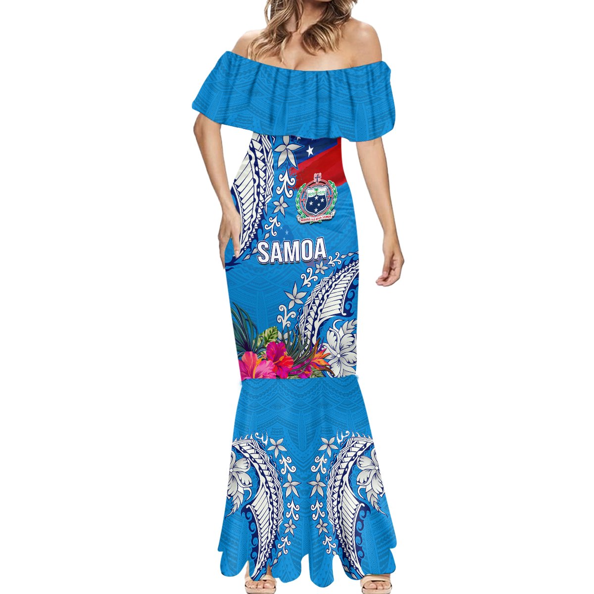 Personalised Samoa Coat Of Arms Mermaid Dress Tropical Flower Blue Polynesian Pattern LT03 - Polynesian Pride