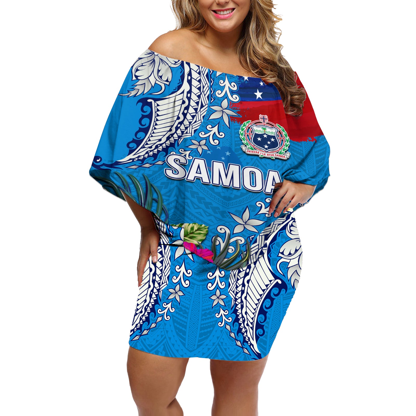 Personalised Samoa Coat Of Arms Off Shoulder Short Dress Tropical Flower Blue Polynesian Pattern LT03 Women Blue - Polynesian Pride