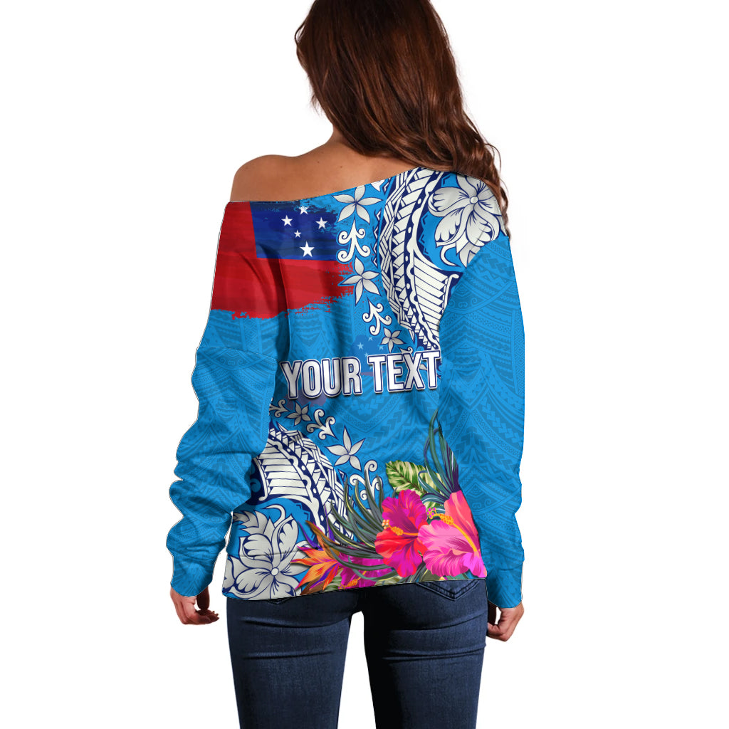 Personalised Samoa Coat Of Arms Off Shoulder Sweater Tropical Flower Blue Polynesian Pattern LT03 - Polynesian Pride