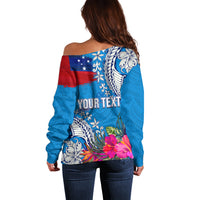 Personalised Samoa Coat Of Arms Off Shoulder Sweater Tropical Flower Blue Polynesian Pattern LT03 - Polynesian Pride