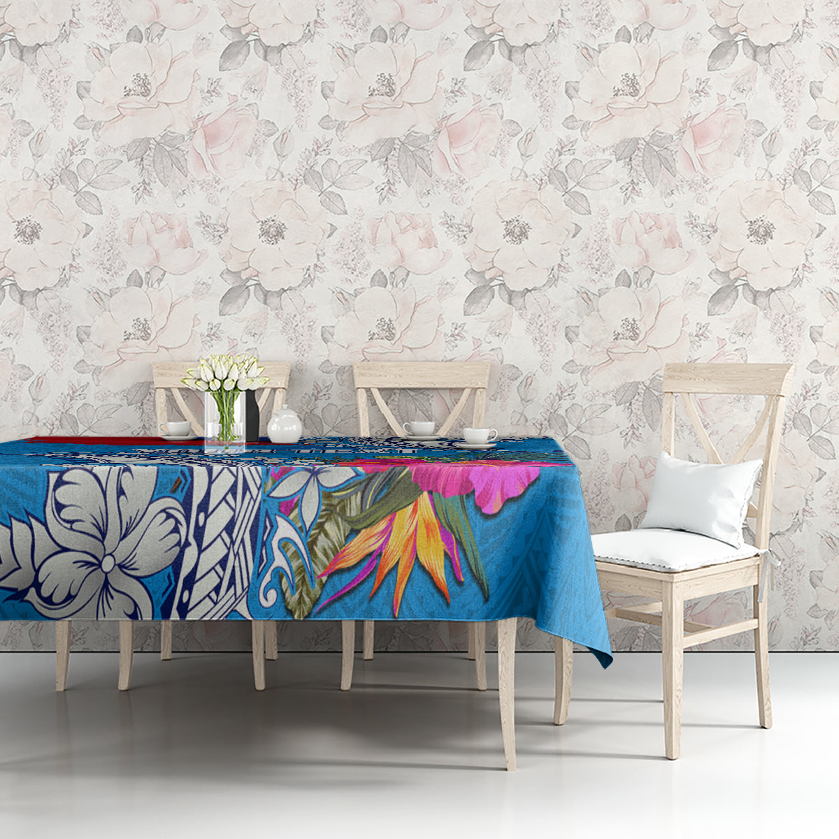 Personalised Samoa Coat Of Arms Tablecloth Tropical Flower Blue Polynesian Pattern LT03 - Polynesian Pride