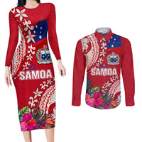 Personalised Samoa Coat Of Arms Couples Matching Long Sleeve Bodycon Dress and Long Sleeve Button Shirt Tropical Flower Red Polynesian Pattern LT03 Red - Polynesian Pride