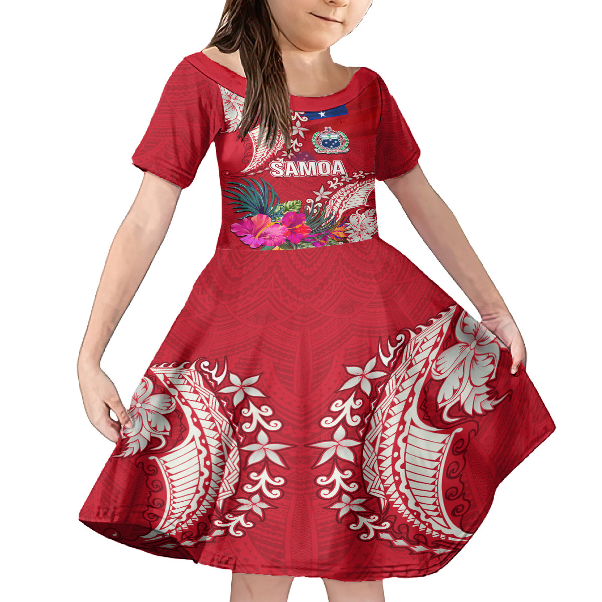 Personalised Samoa Coat Of Arms Family Matching Off Shoulder Maxi Dress and Hawaiian Shirt Tropical Flower Red Polynesian Pattern LT03 Daughter's Dress Red - Polynesian Pride