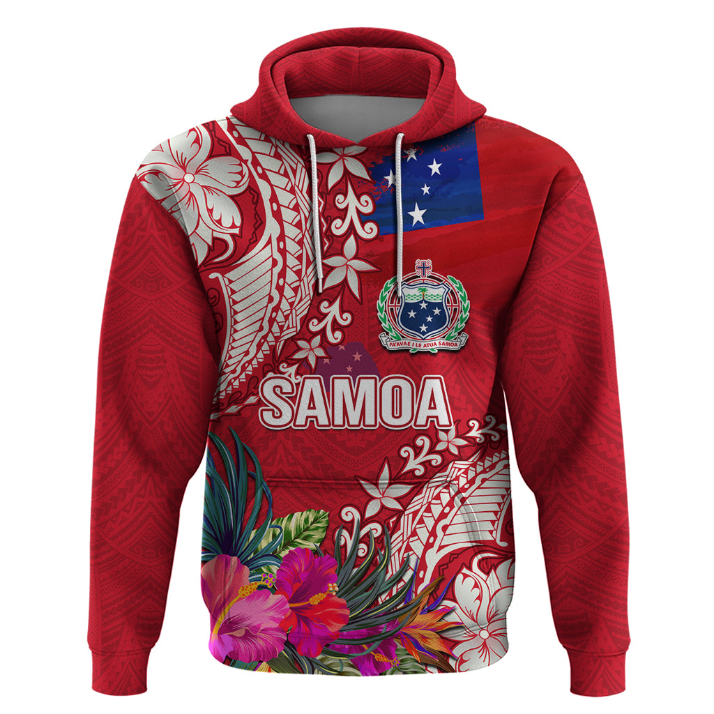 Personalised Samoa Coat Of Arms Hoodie Tropical Flower Red Polynesian Pattern LT03 Pullover Hoodie Red - Polynesian Pride