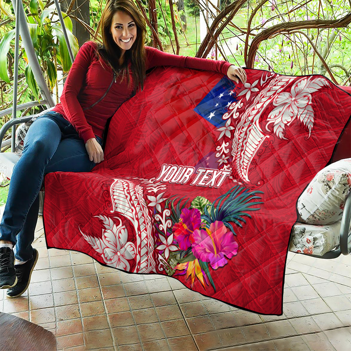 Personalised Samoa Coat Of Arms Quilt Tropical Flower Red Polynesian Pattern LT03 - Polynesian Pride