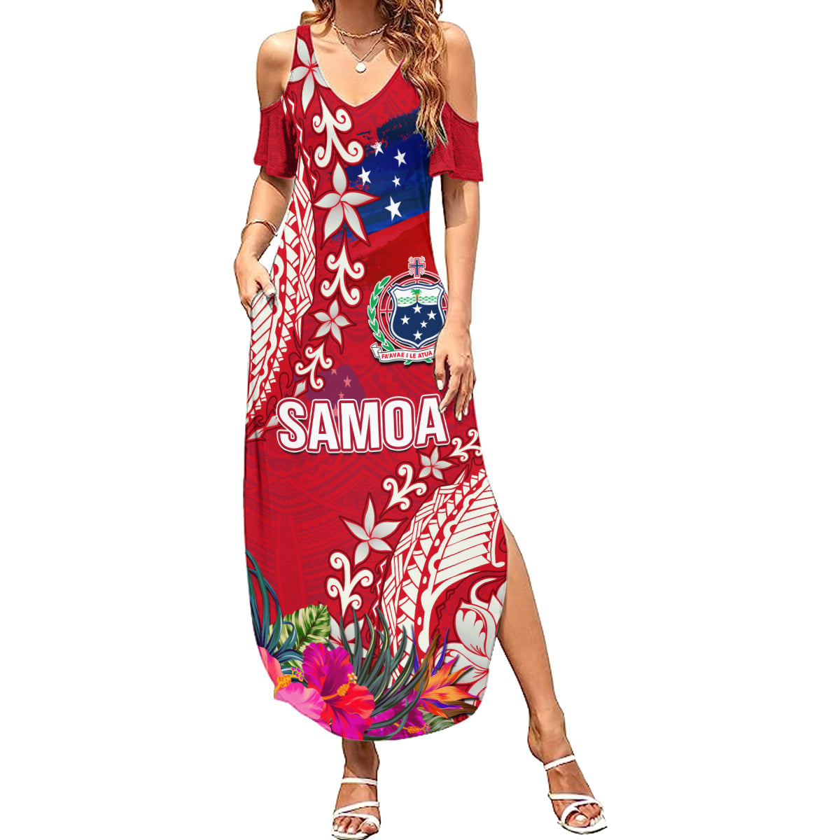 Personalised Samoa Coat Of Arms Summer Maxi Dress Tropical Flower Red Polynesian Pattern LT03 Women Red - Polynesian Pride