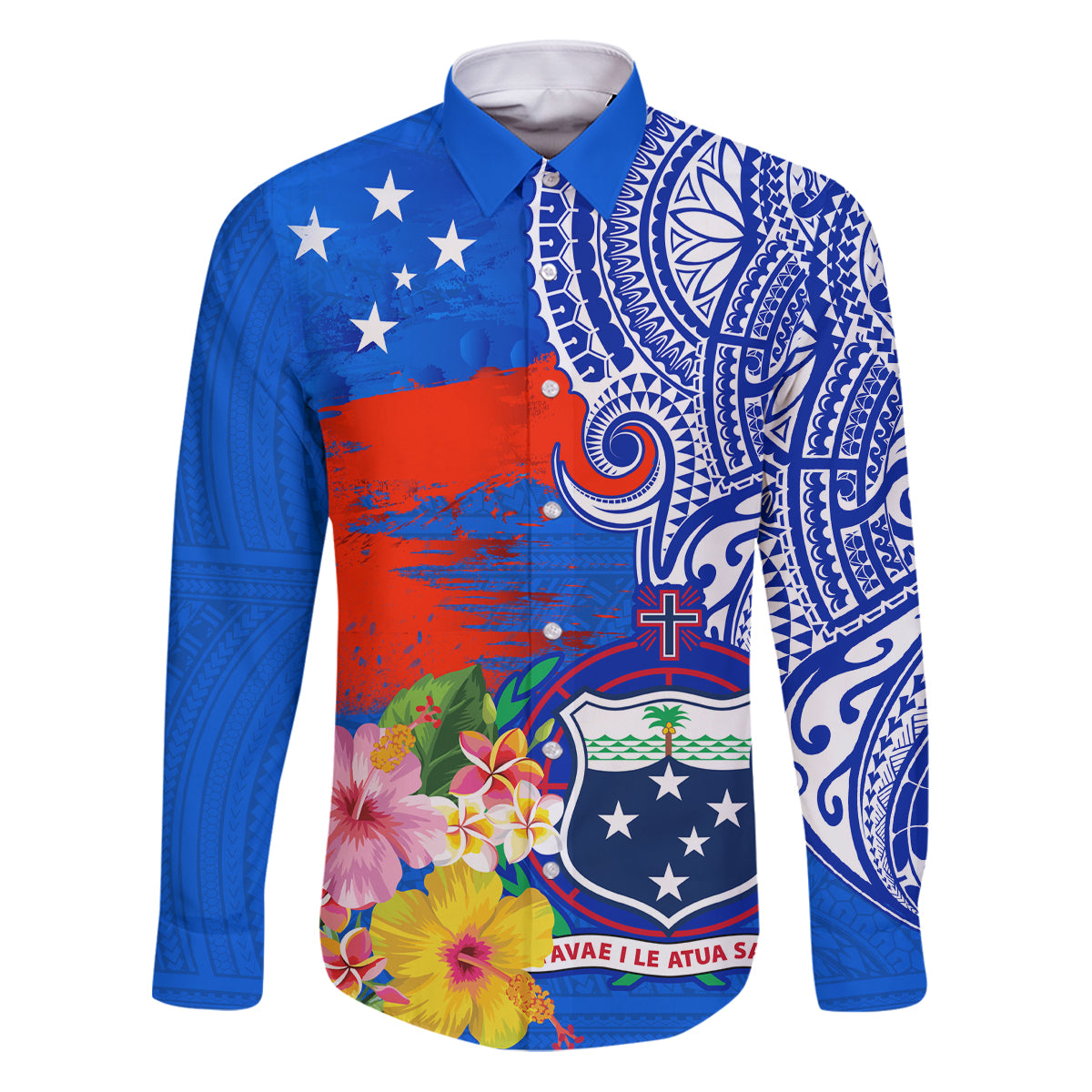 Personalised Samoa Coat Of Arms Family Matching Puletasi Dress and Hawaiian Shirt Hibiscus Polynesian Tattoo Pattern LT03 Dad's Shirt - Long Sleeve Blue - Polynesian Pride