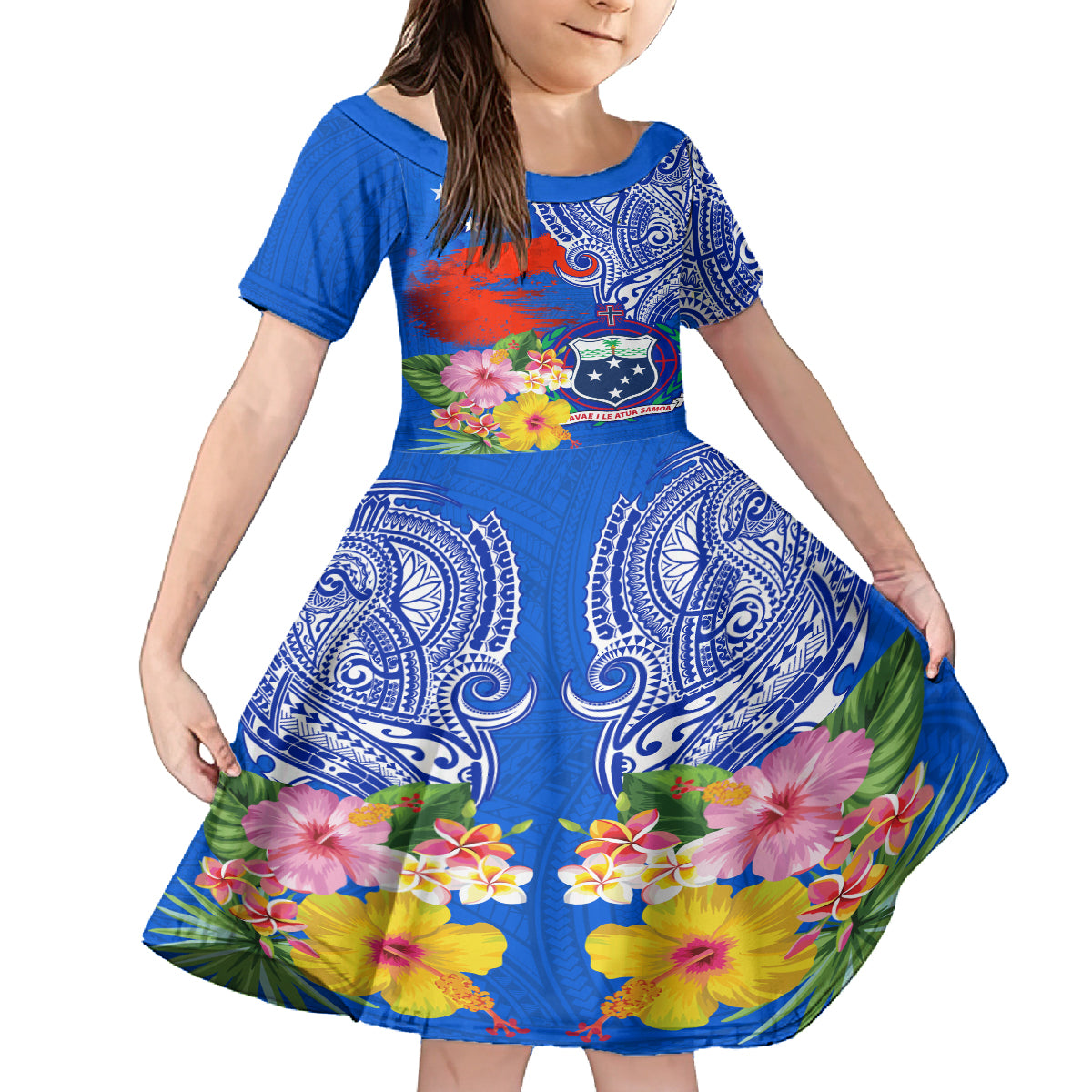 Personalised Samoa Coat Of Arms Family Matching Summer Maxi Dress and Hawaiian Shirt Hibiscus Polynesian Tattoo Pattern LT03 Daughter's Dress Blue - Polynesian Pride