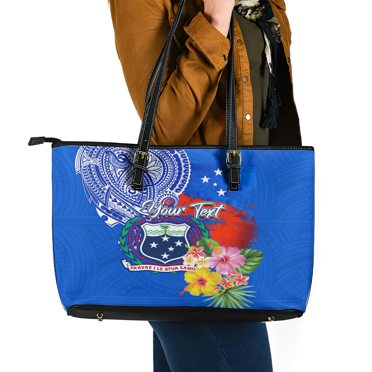 Personalised Samoa Coat Of Arms Leather Tote Bag Hibiscus Polynesian Tattoo Pattern LT03 - Polynesian Pride