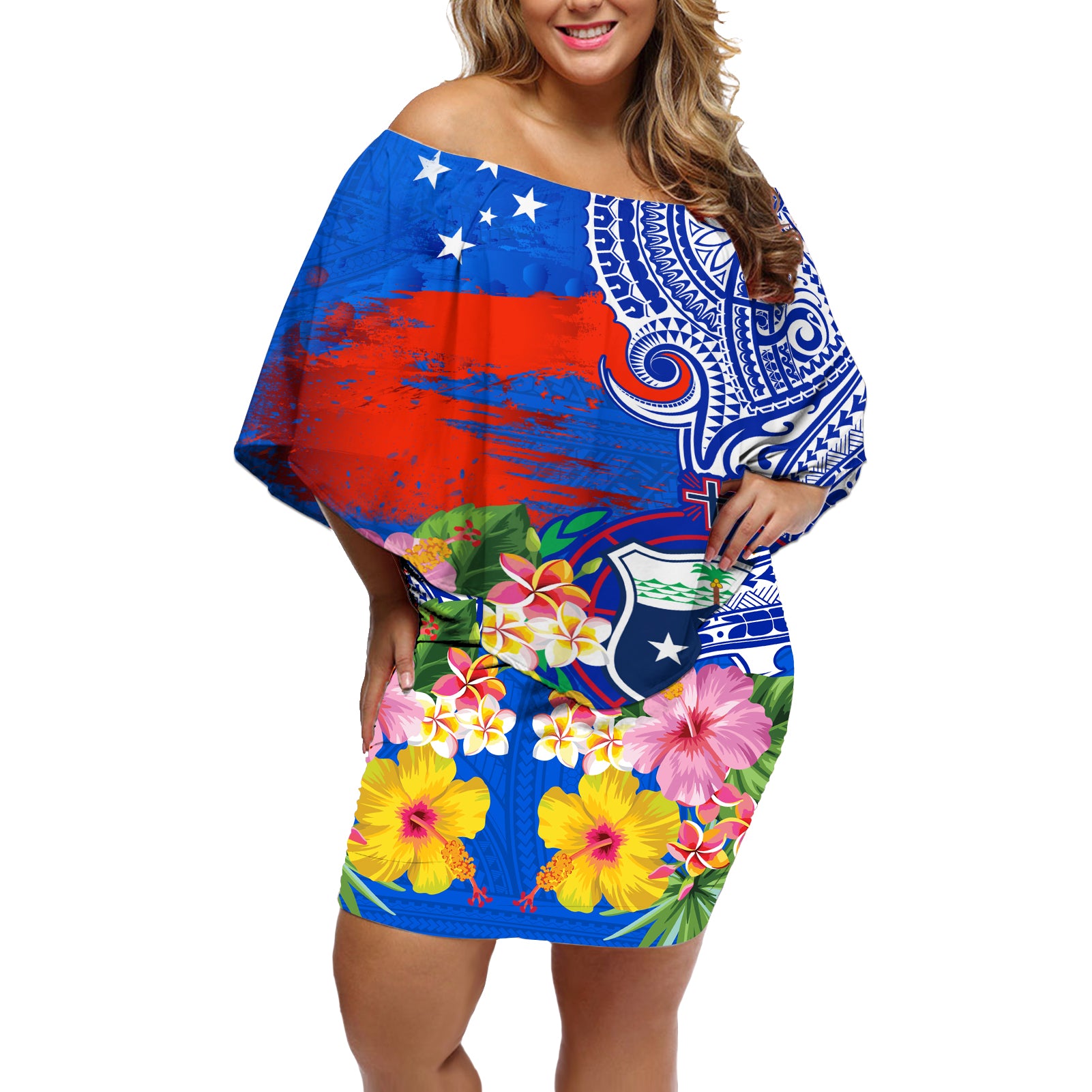 Personalised Samoa Coat Of Arms Off Shoulder Short Dress Hibiscus Polynesian Tattoo Pattern LT03 Women Blue - Polynesian Pride