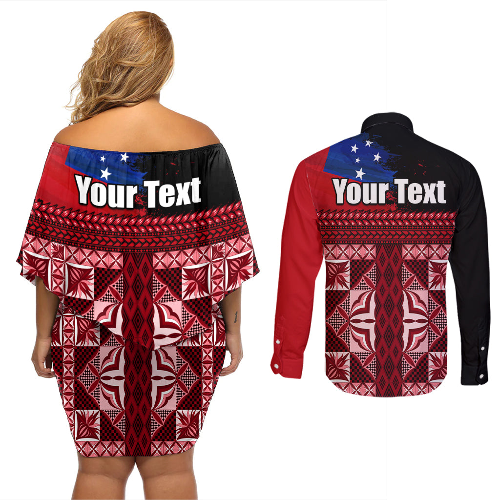 Samoa Flag Day Couples Matching Off Shoulder Short Dress and Long Sleeve Button Shirt Siapo Pattern and Ula Fala LT03 - Polynesian Pride