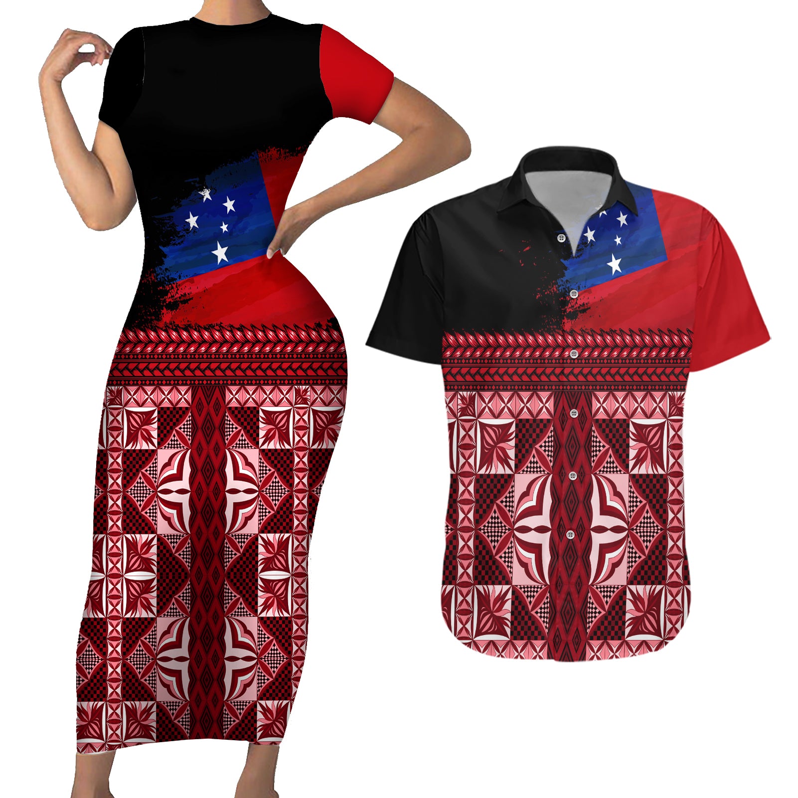 Samoa Flag Day Couples Matching Short Sleeve Bodycon Dress and Hawaiian Shirt Siapo Pattern and Ula Fala LT03 Red - Polynesian Pride