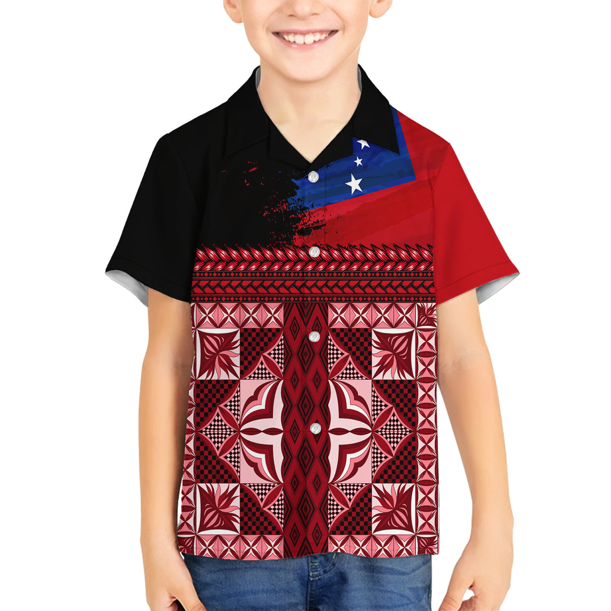 Samoa Flag Day Family Matching Long Sleeve Bodycon Dress and Hawaiian Shirt Siapo Pattern and Ula Fala LT03 Son's Shirt Red - Polynesian Pride
