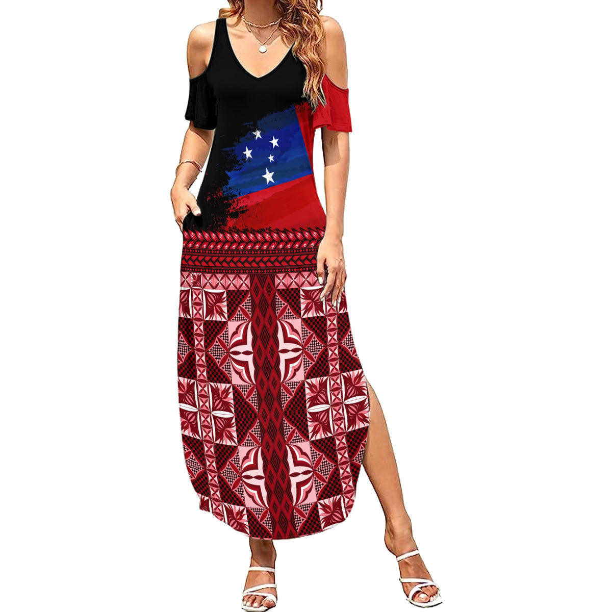 Samoa Flag Day Family Matching Summer Maxi Dress and Hawaiian Shirt Siapo Pattern and Ula Fala LT03 Mom's Dress Red - Polynesian Pride