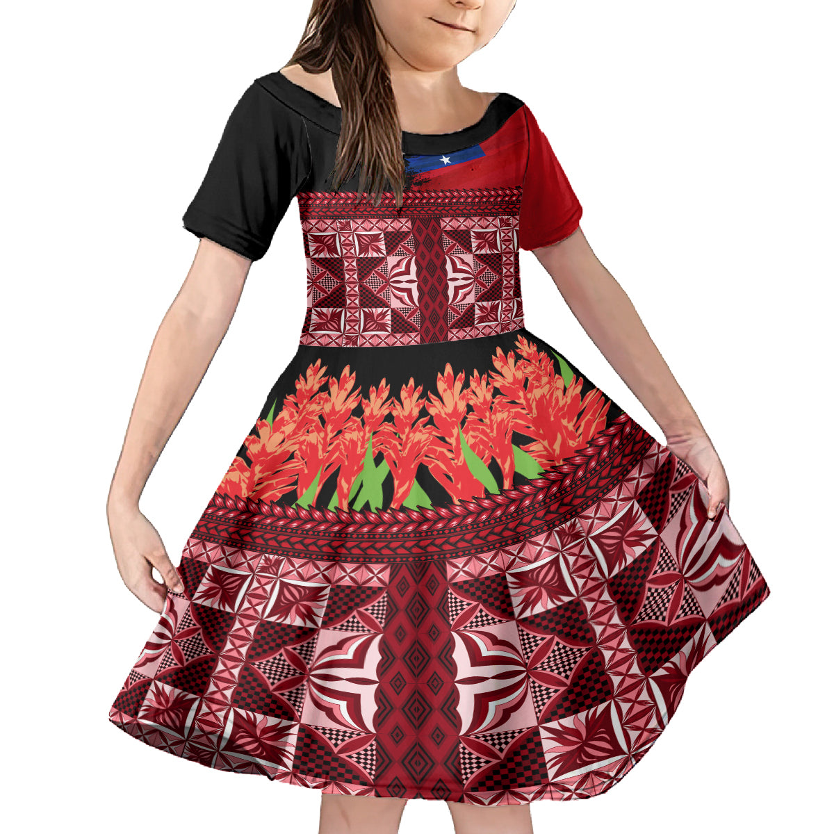 Samoa Flag Day Family Matching Tank Maxi Dress and Hawaiian Shirt Siapo Pattern and Ula Fala LT03 Daughter's Dress Red - Polynesian Pride