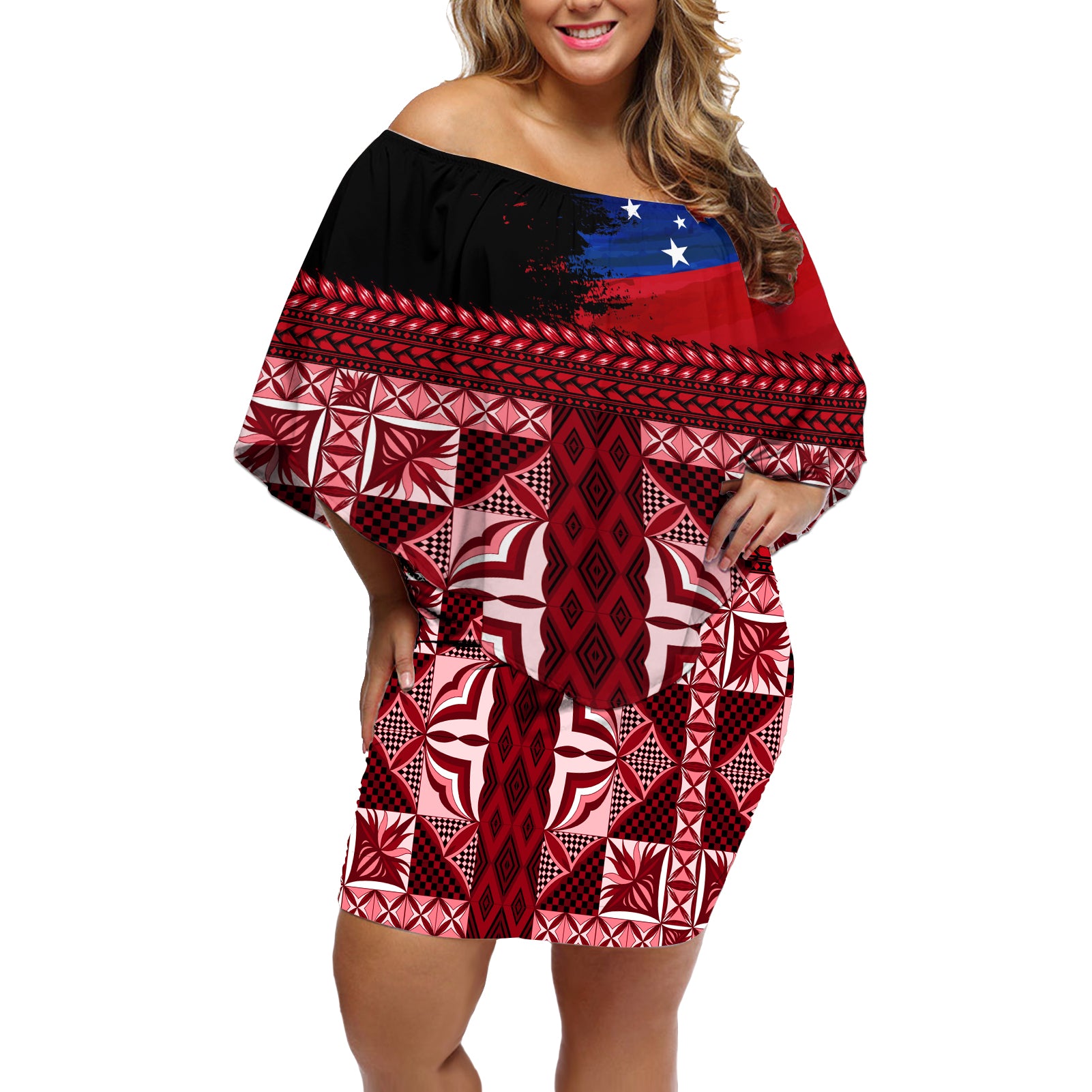 Samoa Flag Day Off Shoulder Short Dress Siapo Pattern and Ula Fala LT03 Women Red - Polynesian Pride