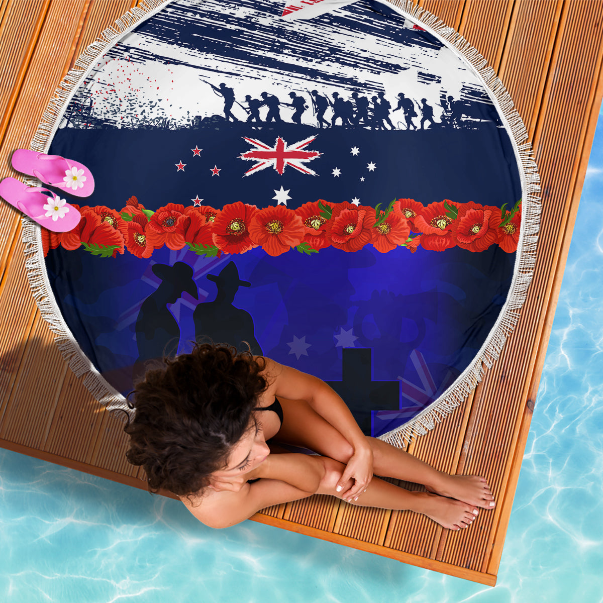 New Zealand and Australia ANZAC Day Beach Blanket Lest We Forget Red Poppy Flowers and Soldier LT03 - Polynesian Pride