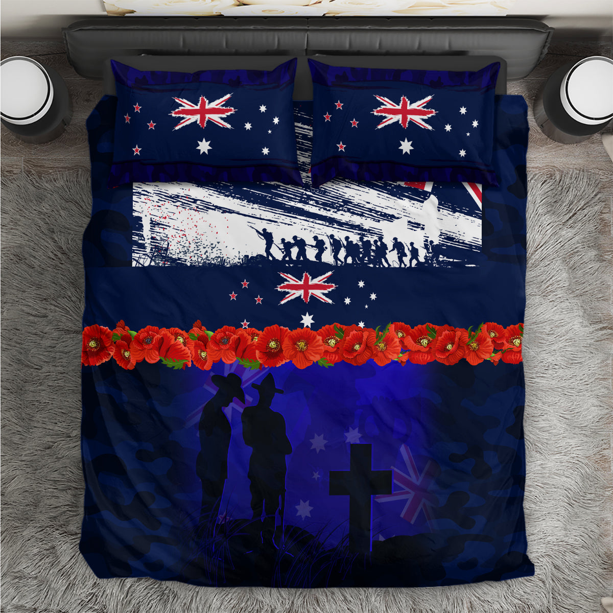New Zealand and Australia ANZAC Day Bedding Set Lest We Forget Red Poppy Flowers and Soldier LT03 Blue - Polynesian Pride