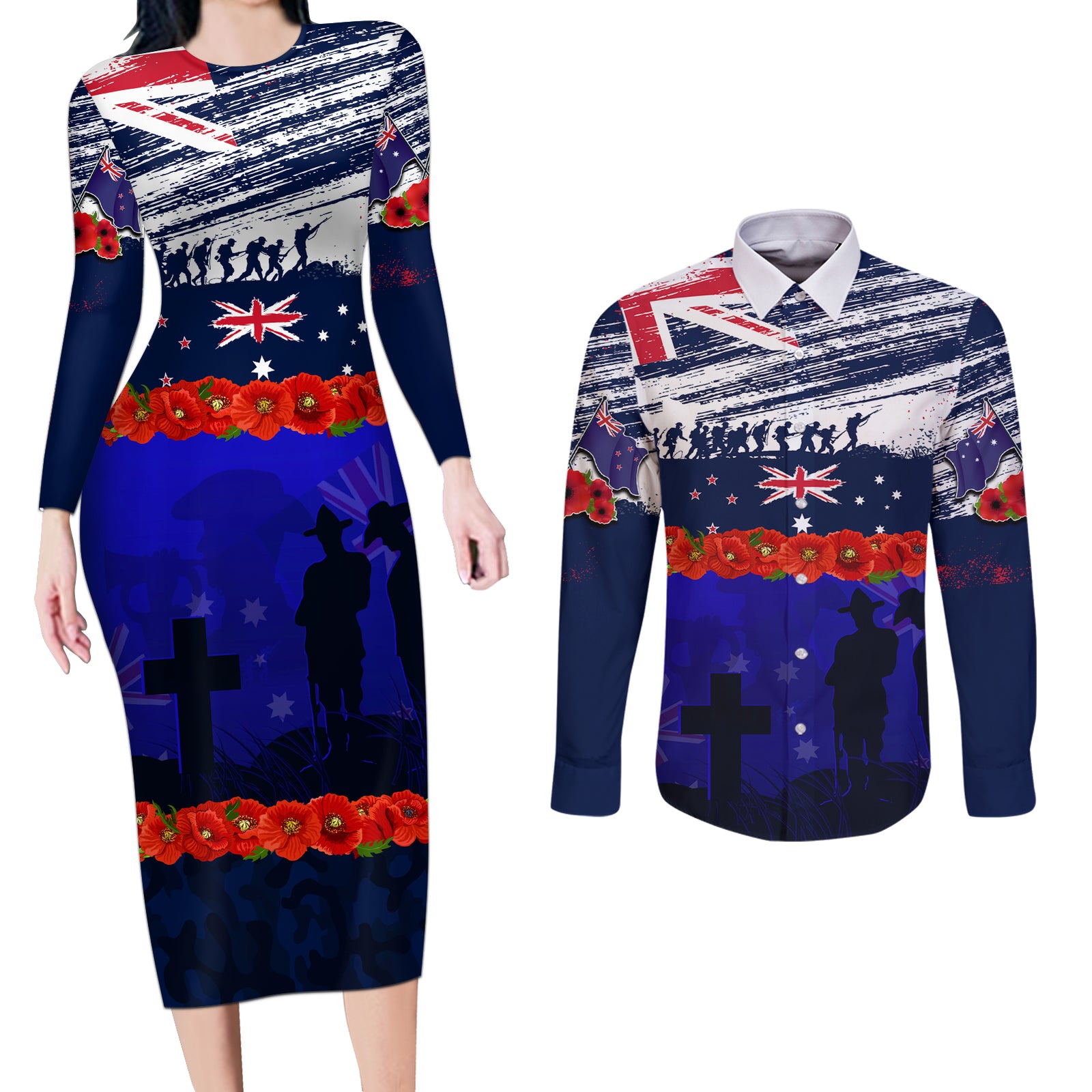 New Zealand and Australia ANZAC Day Couples Matching Long Sleeve Bodycon Dress and Long Sleeve Button Shirt Lest We Forget Red Poppy Flowers and Soldier LT03 Blue - Polynesian Pride