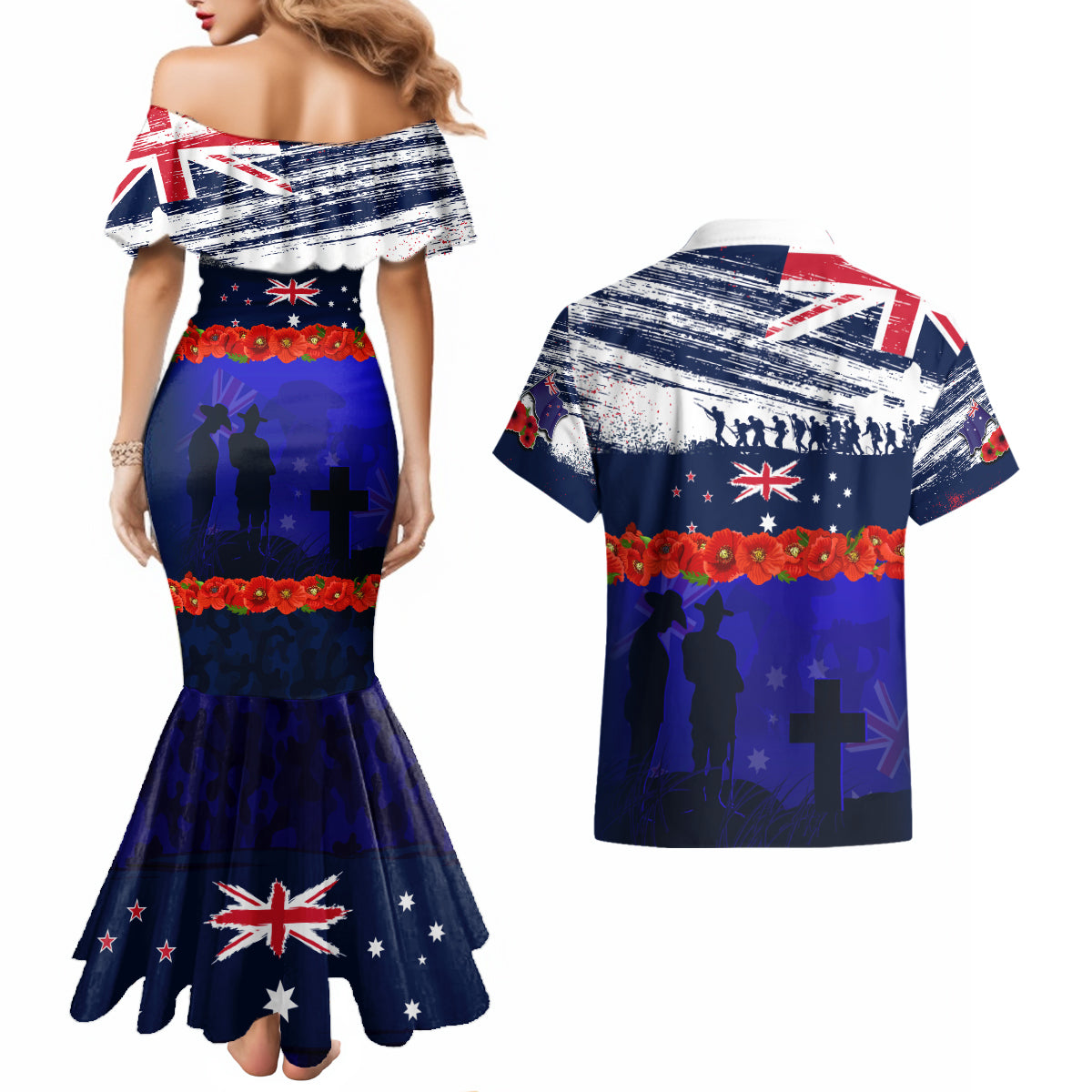 New Zealand and Australia ANZAC Day Couples Matching Mermaid Dress and Hawaiian Shirt Lest We Forget Red Poppy Flowers and Soldier LT03 - Polynesian Pride