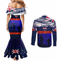 New Zealand and Australia ANZAC Day Couples Matching Mermaid Dress and Long Sleeve Button Shirt Lest We Forget Red Poppy Flowers and Soldier LT03 - Polynesian Pride