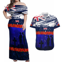 New Zealand and Australia ANZAC Day Couples Matching Off Shoulder Maxi Dress and Hawaiian Shirt Lest We Forget Red Poppy Flowers and Soldier LT03 Blue - Polynesian Pride