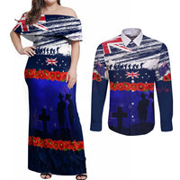 New Zealand and Australia ANZAC Day Couples Matching Off Shoulder Maxi Dress and Long Sleeve Button Shirt Lest We Forget Red Poppy Flowers and Soldier LT03 Blue - Polynesian Pride