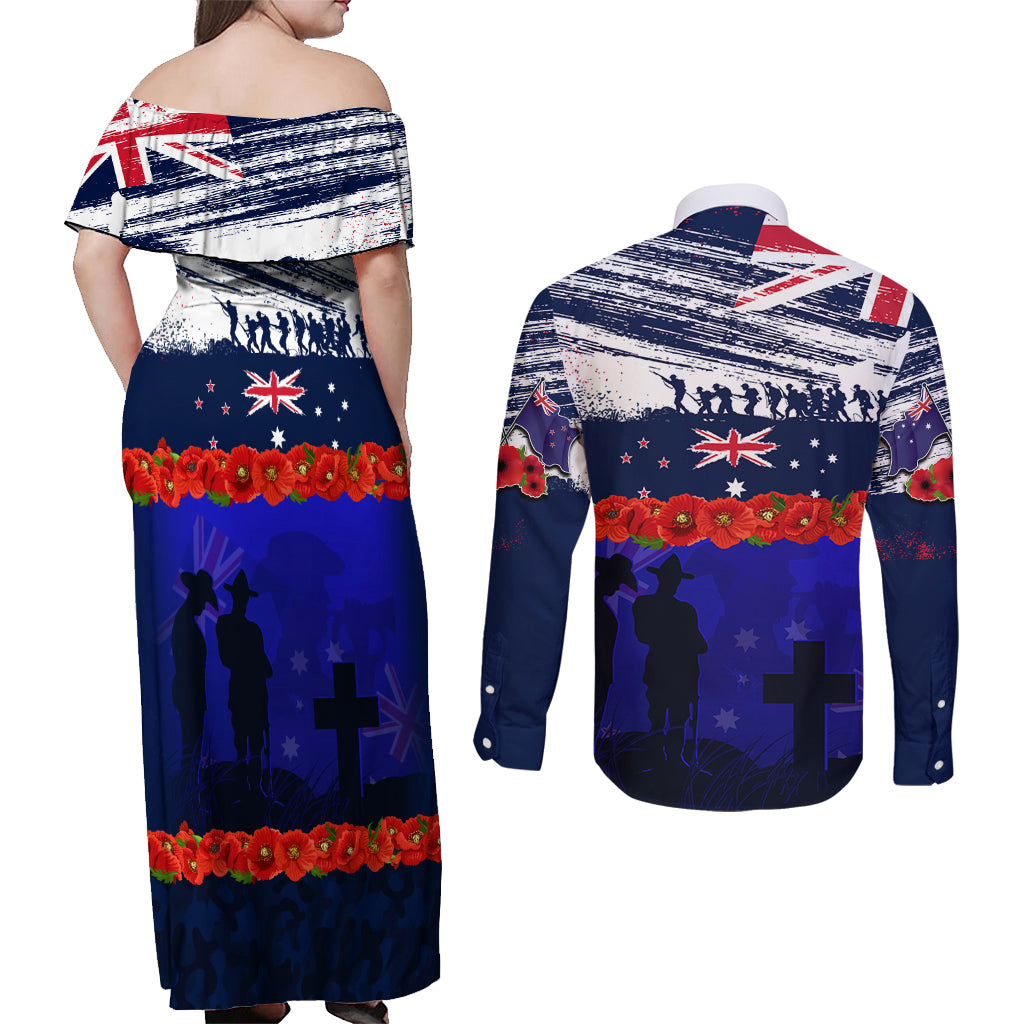 New Zealand and Australia ANZAC Day Couples Matching Off Shoulder Maxi Dress and Long Sleeve Button Shirt Lest We Forget Red Poppy Flowers and Soldier LT03 - Polynesian Pride