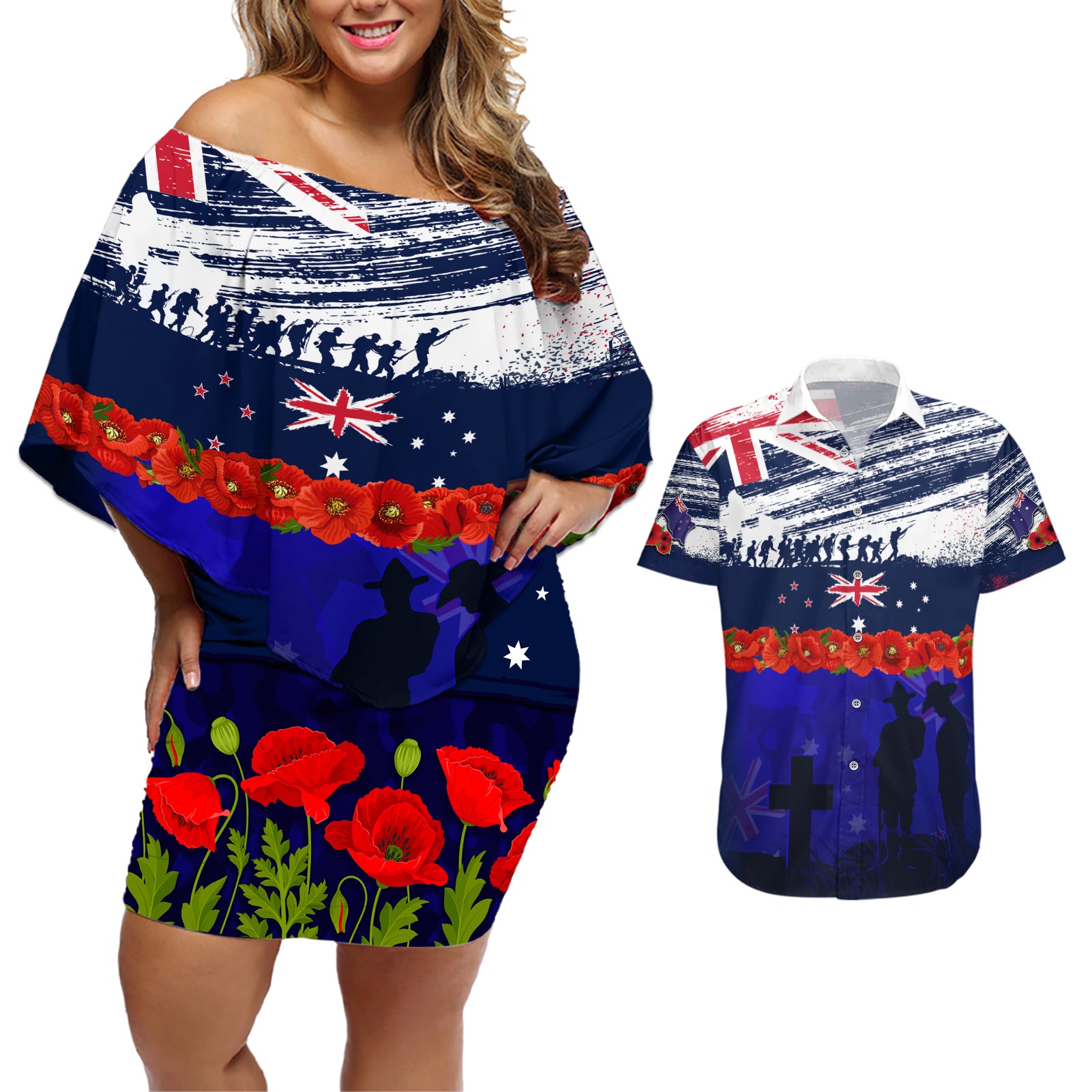 New Zealand and Australia ANZAC Day Couples Matching Off Shoulder Short Dress and Hawaiian Shirt Lest We Forget Red Poppy Flowers and Soldier LT03 Blue - Polynesian Pride