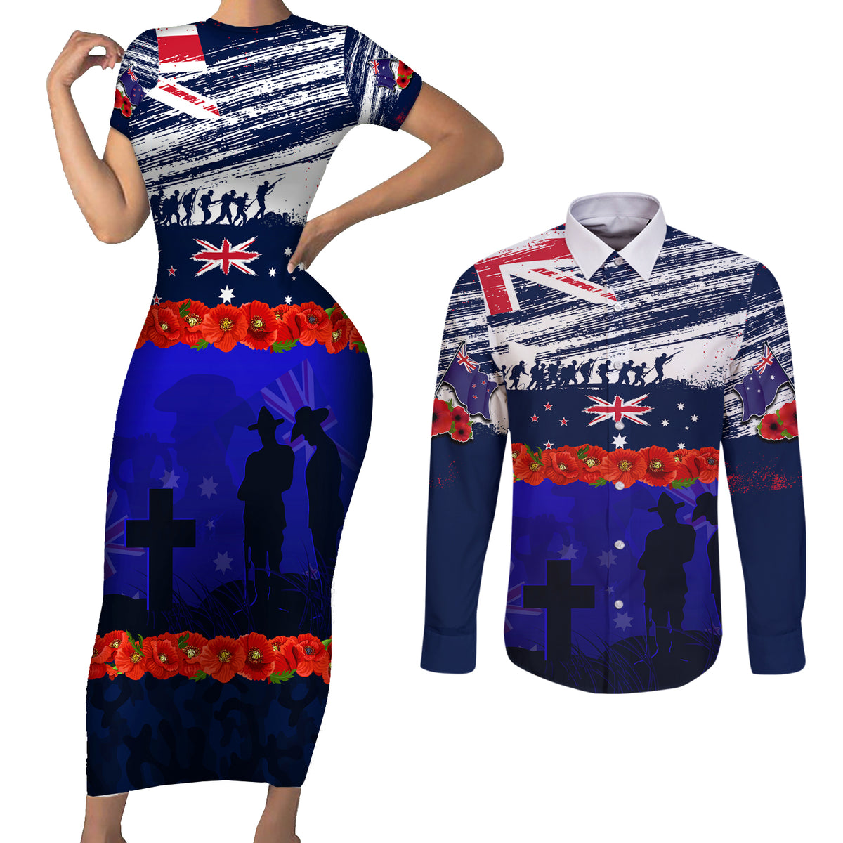 New Zealand and Australia ANZAC Day Couples Matching Short Sleeve Bodycon Dress and Long Sleeve Button Shirt Lest We Forget Red Poppy Flowers and Soldier LT03 Blue - Polynesian Pride