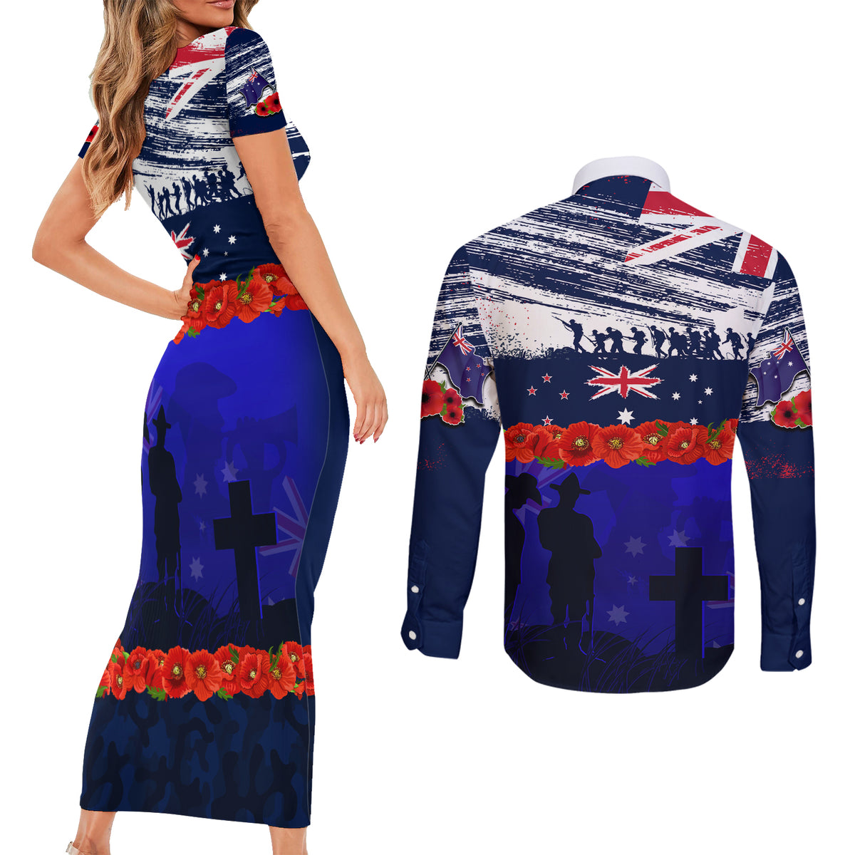 New Zealand and Australia ANZAC Day Couples Matching Short Sleeve Bodycon Dress and Long Sleeve Button Shirt Lest We Forget Red Poppy Flowers and Soldier LT03 - Polynesian Pride