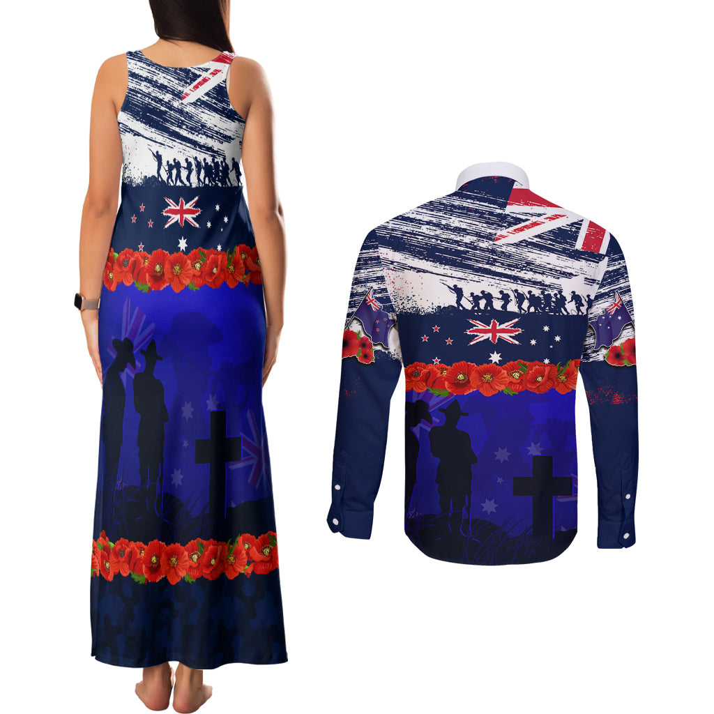 New Zealand and Australia ANZAC Day Couples Matching Tank Maxi Dress and Long Sleeve Button Shirt Lest We Forget Red Poppy Flowers and Soldier LT03 - Polynesian Pride