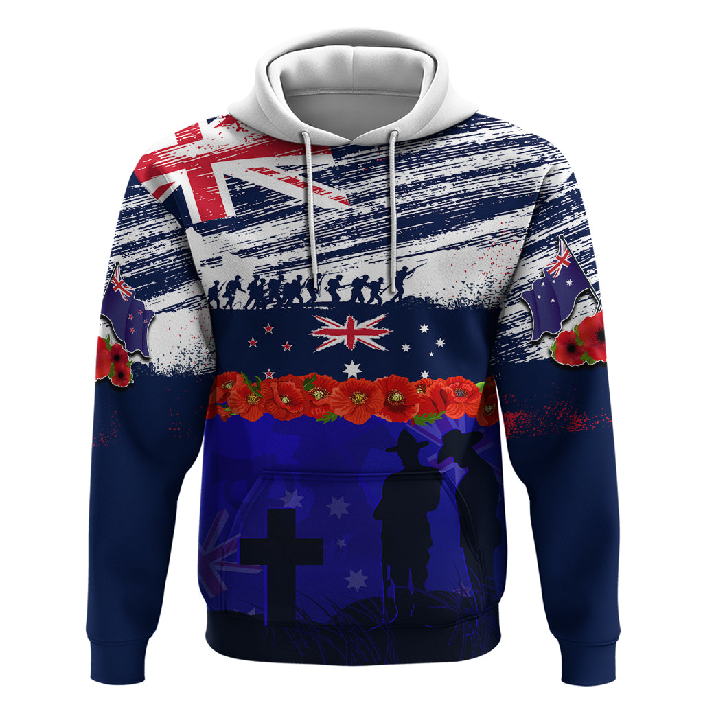 New Zealand and Australia ANZAC Day Hoodie Lest We Forget Red Poppy Flowers and Soldier LT03 Pullover Hoodie Blue - Polynesian Pride