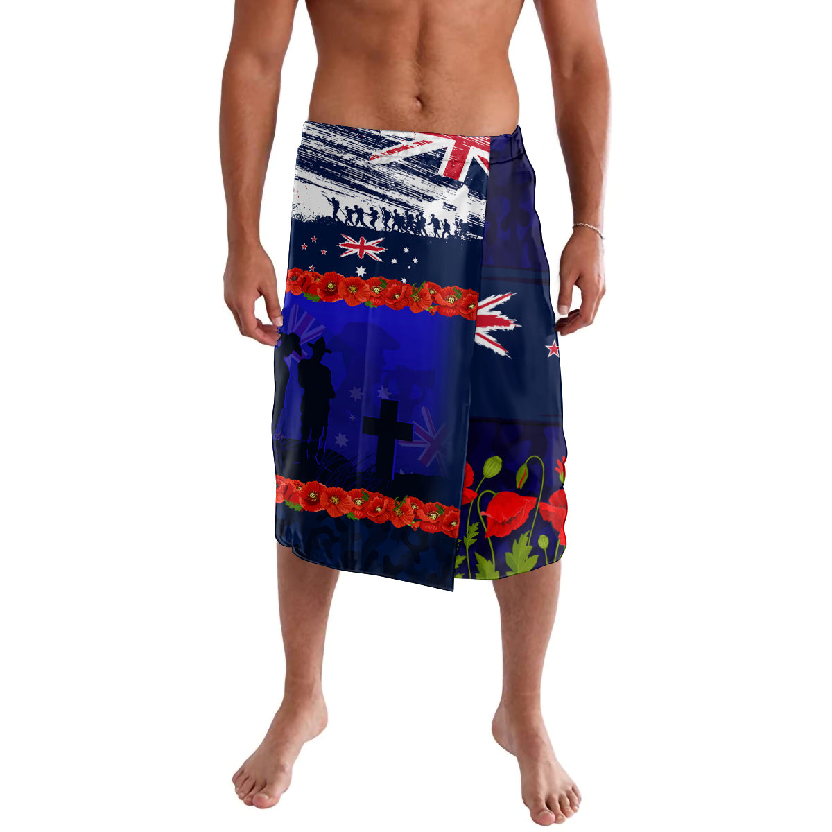 New Zealand and Australia ANZAC Day Lavalava Lest We Forget Red Poppy Flowers and Soldier LT03 Blue - Polynesian Pride