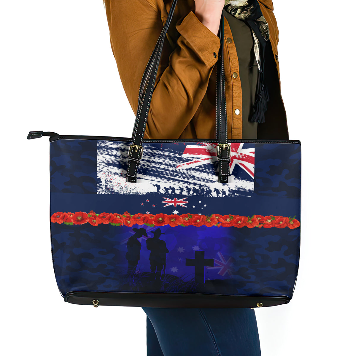 New Zealand and Australia ANZAC Day Leather Tote Bag Lest We Forget Red Poppy Flowers and Soldier LT03 - Polynesian Pride