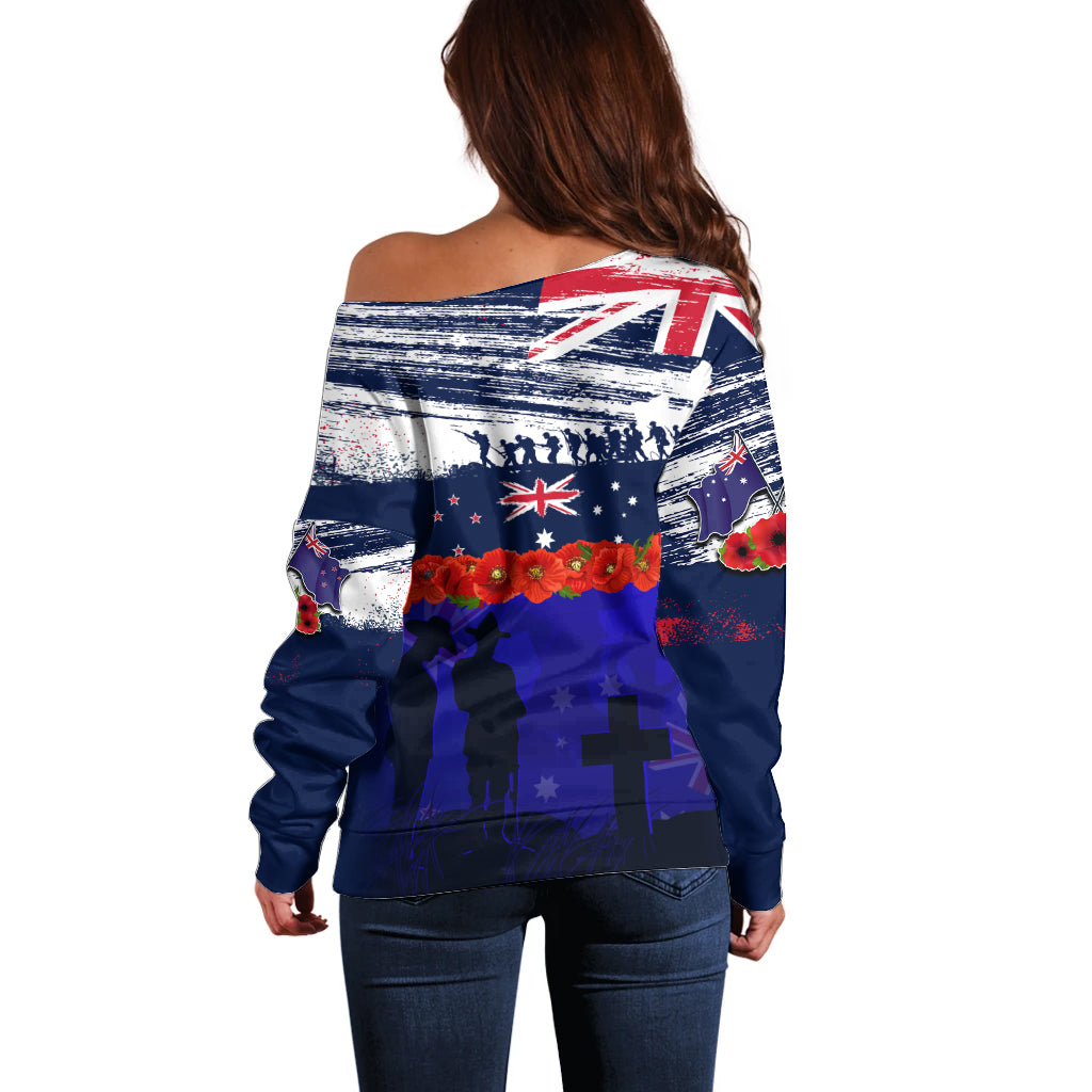 New Zealand and Australia ANZAC Day Off Shoulder Sweater Lest We Forget Red Poppy Flowers and Soldier LT03 - Polynesian Pride
