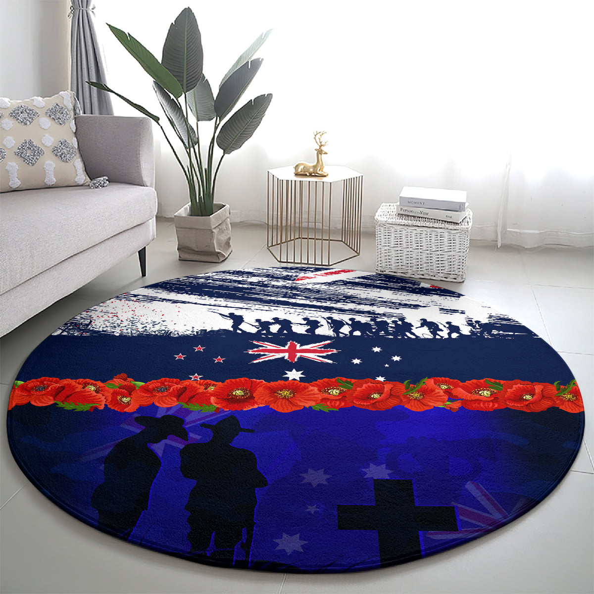 New Zealand and Australia ANZAC Day Round Carpet Lest We Forget Red Poppy Flowers and Soldier LT03 - Polynesian Pride