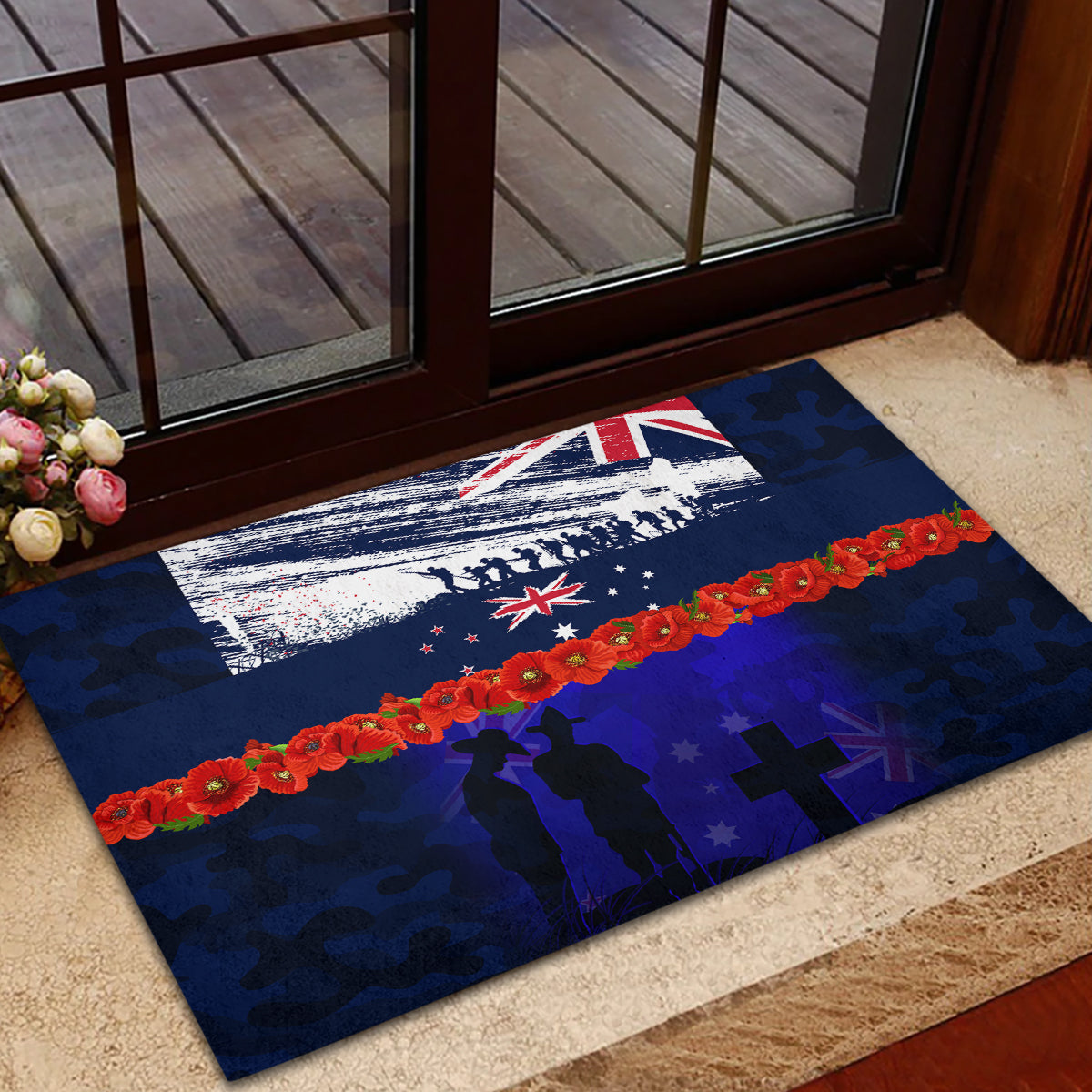 New Zealand and Australia ANZAC Day Rubber Doormat Lest We Forget Red Poppy Flowers and Soldier LT03 - Polynesian Pride