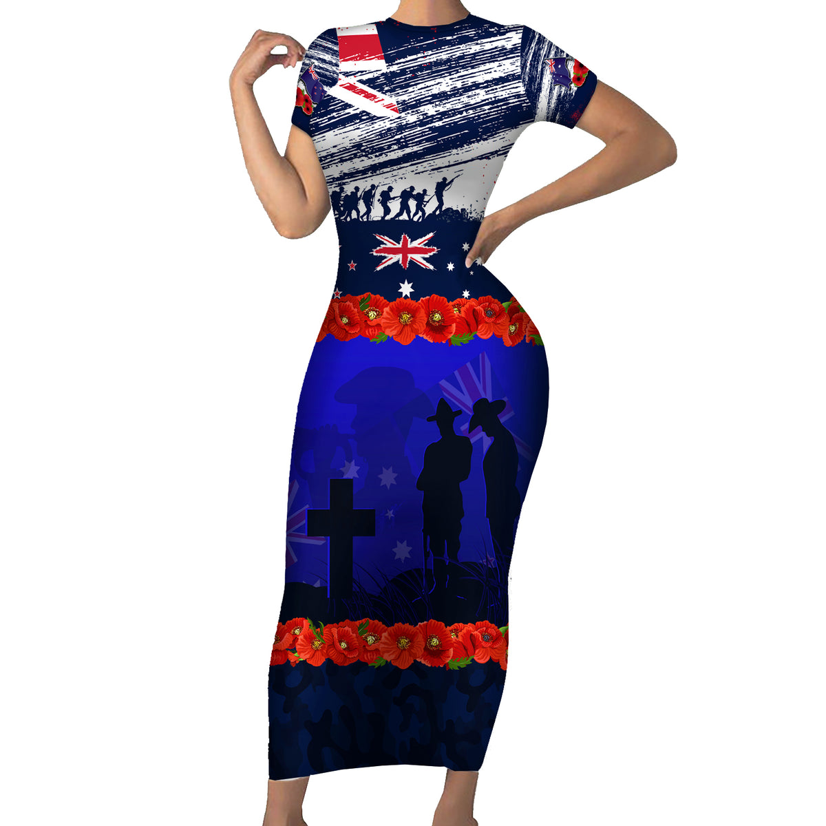 New Zealand and Australia ANZAC Day Short Sleeve Bodycon Dress Lest We Forget Red Poppy Flowers and Soldier LT03 Long Dress Blue - Polynesian Pride