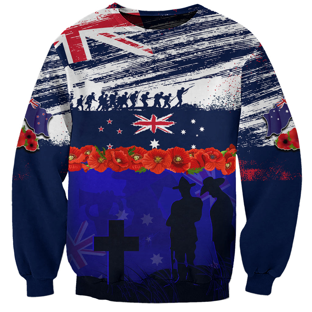 New Zealand and Australia ANZAC Day Sweatshirt Lest We Forget Red Poppy Flowers and Soldier LT03 Unisex Blue - Polynesian Pride