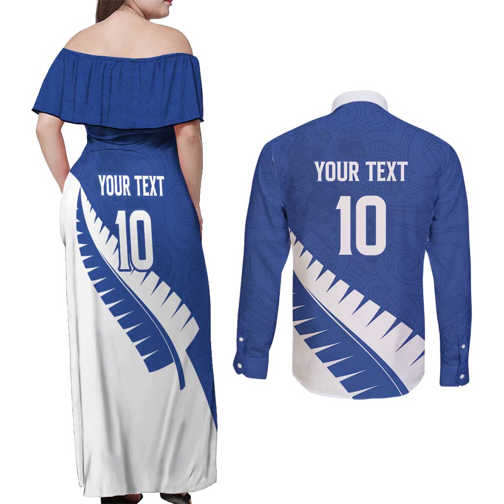 Custom New Zealand Cricket Couples Matching Off Shoulder Maxi Dress and Long Sleeve Button Shirt Kiwi Birds Haka Dance Blue Fern Sporty Style LT03 - Polynesian Pride