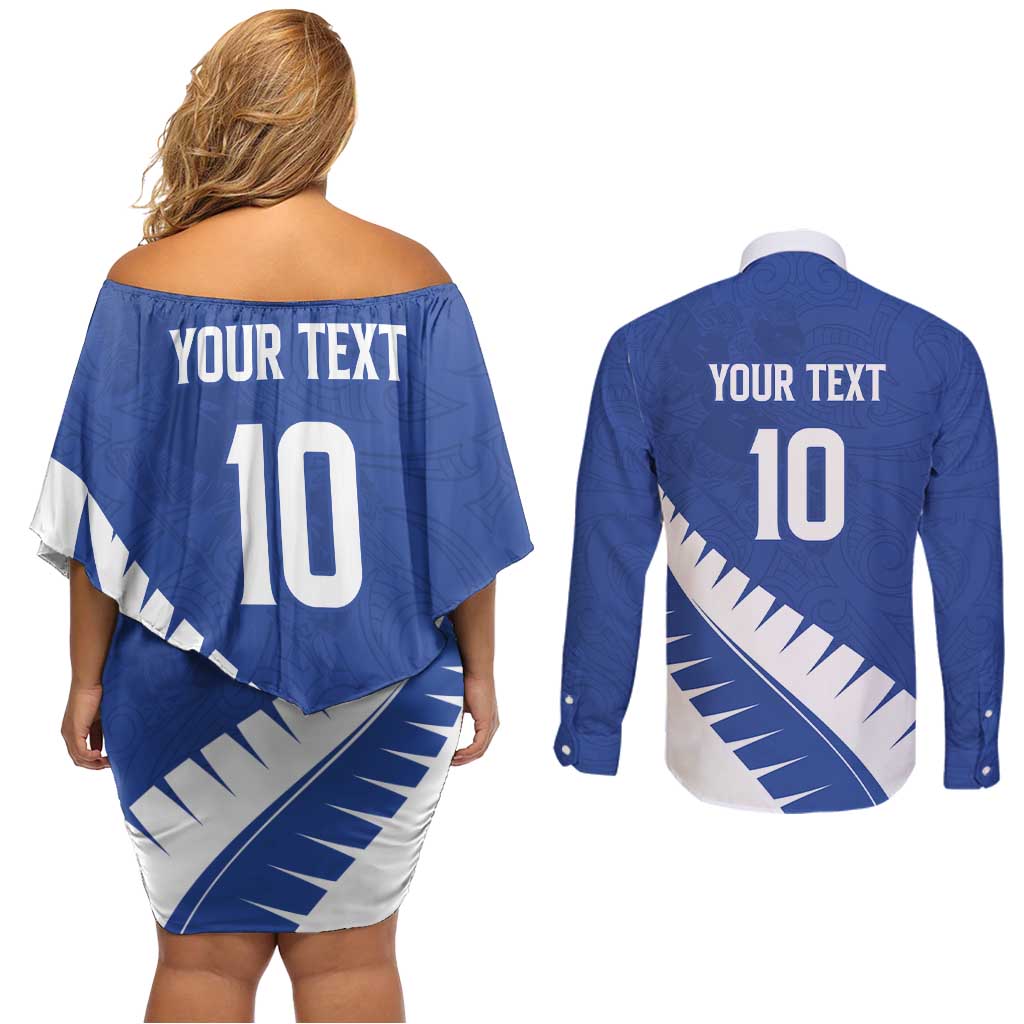Custom New Zealand Cricket Couples Matching Off Shoulder Short Dress and Long Sleeve Button Shirt Kiwi Birds Haka Dance Blue Fern Sporty Style LT03 - Polynesian Pride