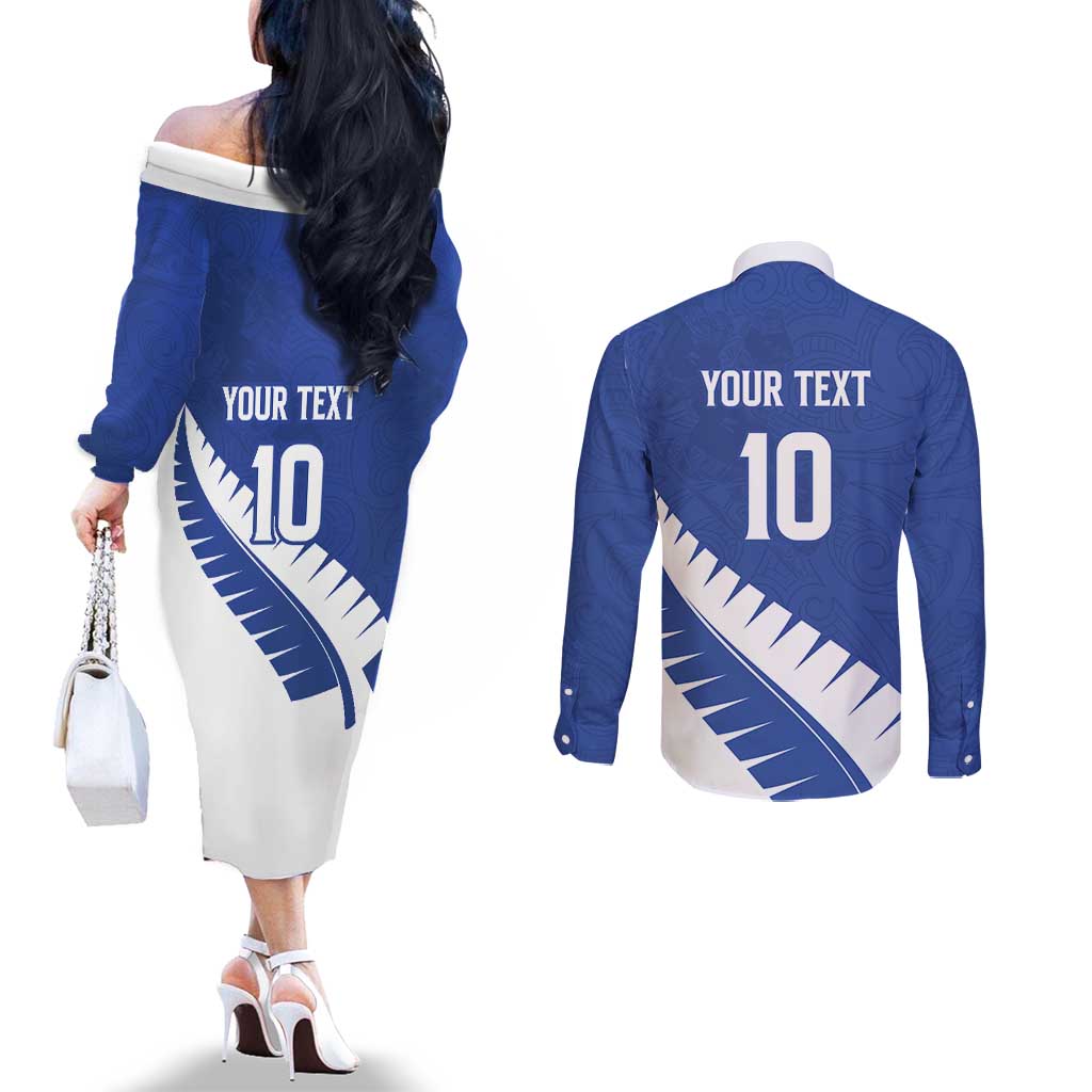 Custom New Zealand Cricket Couples Matching Off The Shoulder Long Sleeve Dress and Long Sleeve Button Shirt Kiwi Birds Haka Dance Blue Fern Sporty Style LT03 - Polynesian Pride