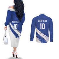 Custom New Zealand Cricket Couples Matching Off The Shoulder Long Sleeve Dress and Long Sleeve Button Shirt Kiwi Birds Haka Dance Blue Fern Sporty Style LT03 - Polynesian Pride