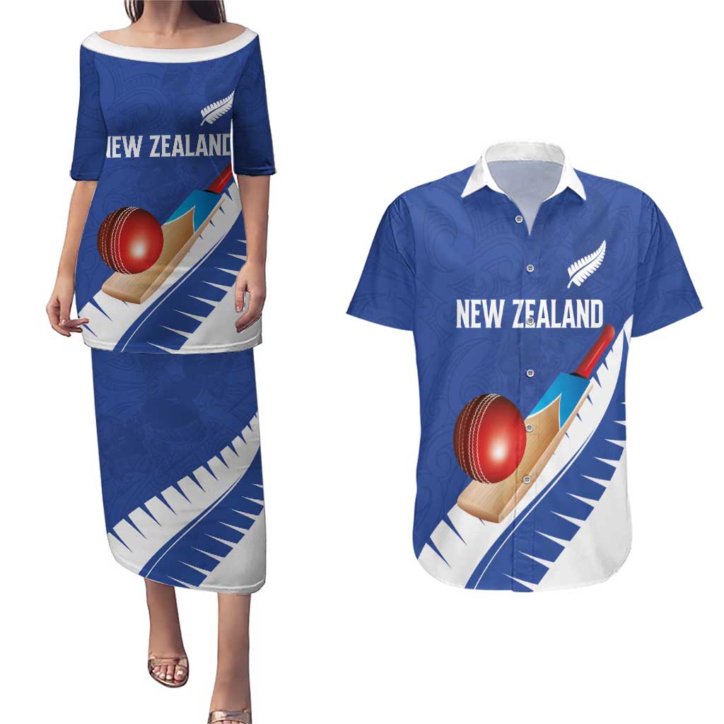 Custom New Zealand Cricket Couples Matching Puletasi and Hawaiian Shirt Kiwi Birds Haka Dance Blue Fern Sporty Style LT03 Blue - Polynesian Pride