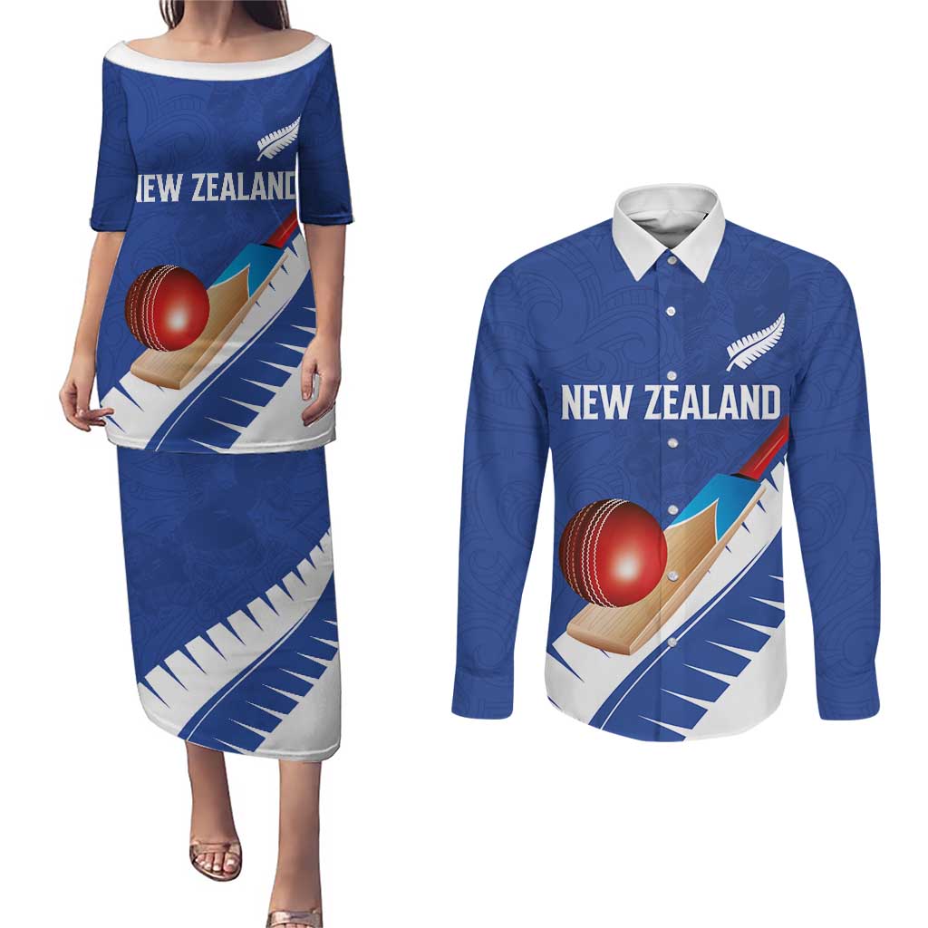 Custom New Zealand Cricket Couples Matching Puletasi and Long Sleeve Button Shirt Kiwi Birds Haka Dance Blue Fern Sporty Style LT03 Blue - Polynesian Pride