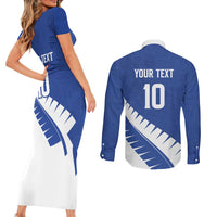 Custom New Zealand Cricket Couples Matching Short Sleeve Bodycon Dress and Long Sleeve Button Shirt Kiwi Birds Haka Dance Blue Fern Sporty Style LT03 - Polynesian Pride
