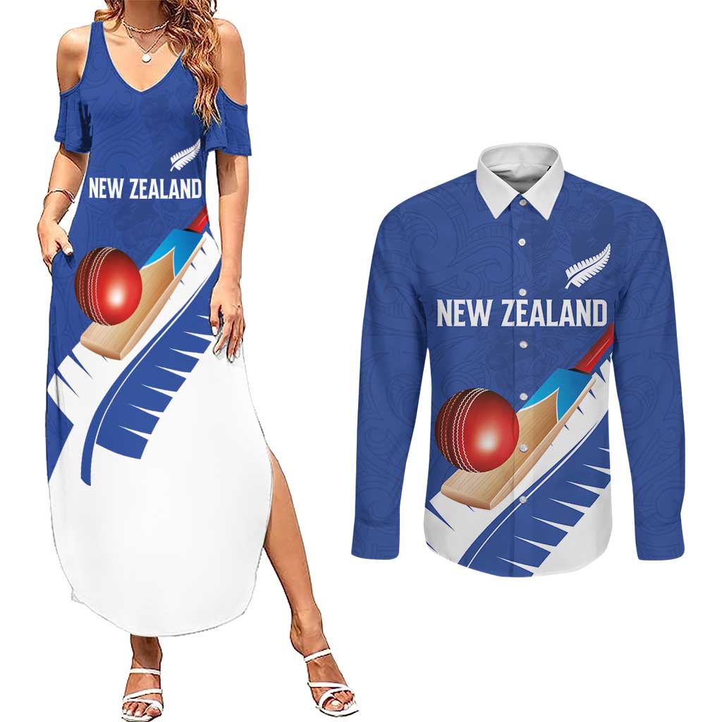 Custom New Zealand Cricket Couples Matching Summer Maxi Dress and Long Sleeve Button Shirt Kiwi Birds Haka Dance Blue Fern Sporty Style LT03 Blue - Polynesian Pride