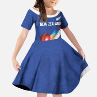 Custom New Zealand Cricket Family Matching Puletasi and Hawaiian Shirt Kiwi Birds Haka Dance Blue Fern Sporty Style LT03 Daughter's Dress Blue - Polynesian Pride