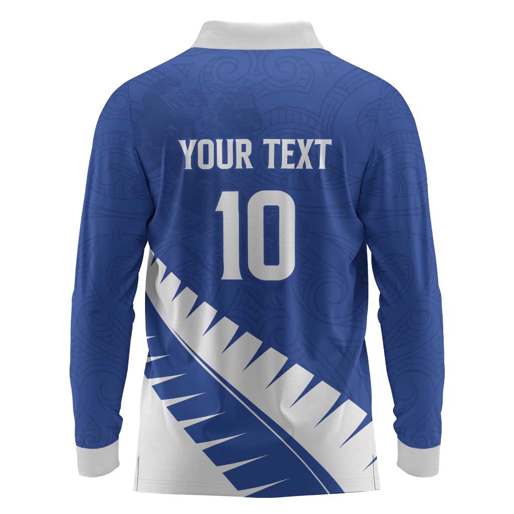 Custom New Zealand Cricket Long Sleeve Polo Shirt Kiwi Birds Haka Dance Blue Fern Sporty Style LT03 - Polynesian Pride
